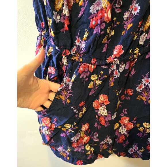 Vintage Y2K Strapless Floral Romper Ruffle Pockets Cottage Beach Navy Pink Sz M - Picture 2 of 4